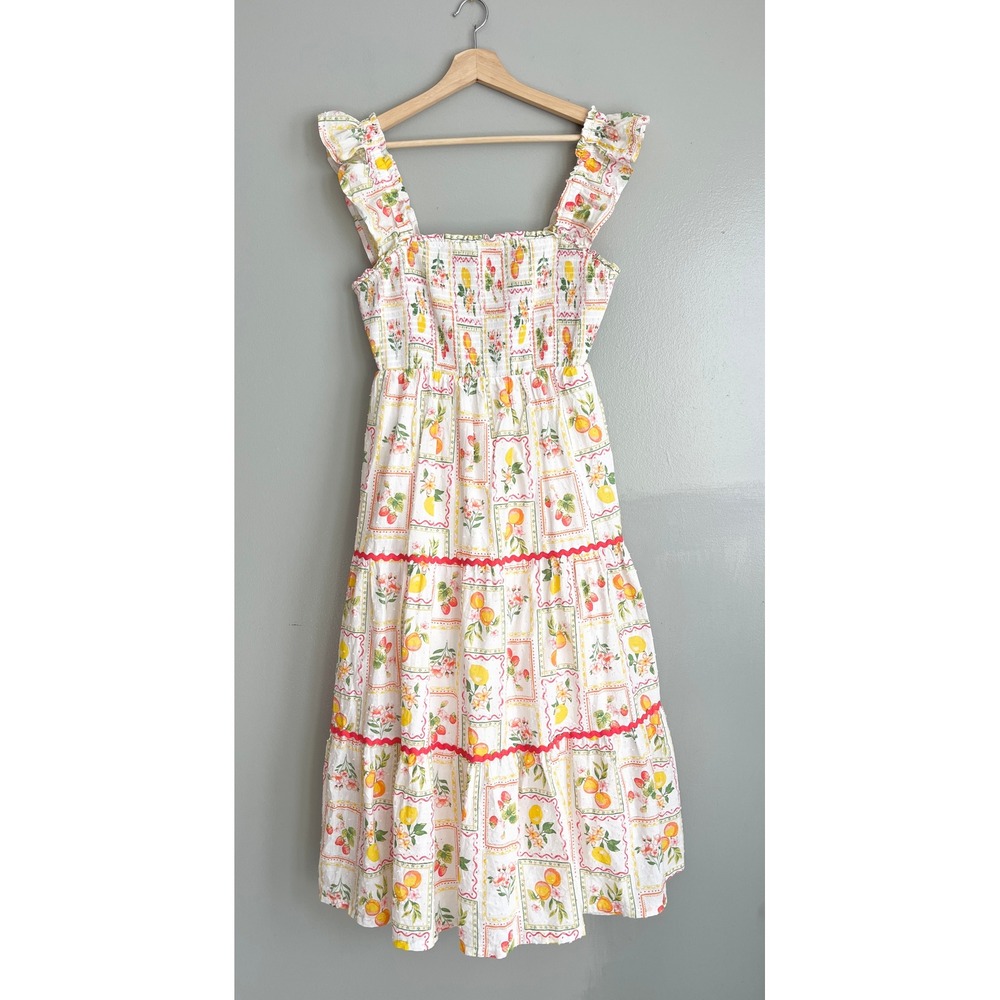 Rachel Zoe Midi Dress Womens 10 White Fruit Print Smocked Ruffle Summer Cottage
